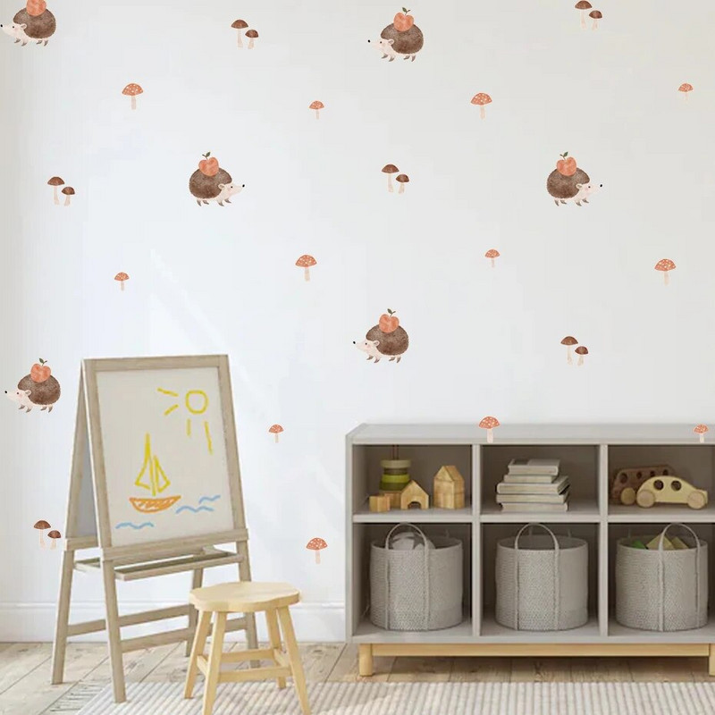 Boho akvarelis jauks ezis dzīvnieki, sēnes, sienas uzlīmes bērnu istabai bērnu istabai, sienas uzlīmes mājas dekorēšanai