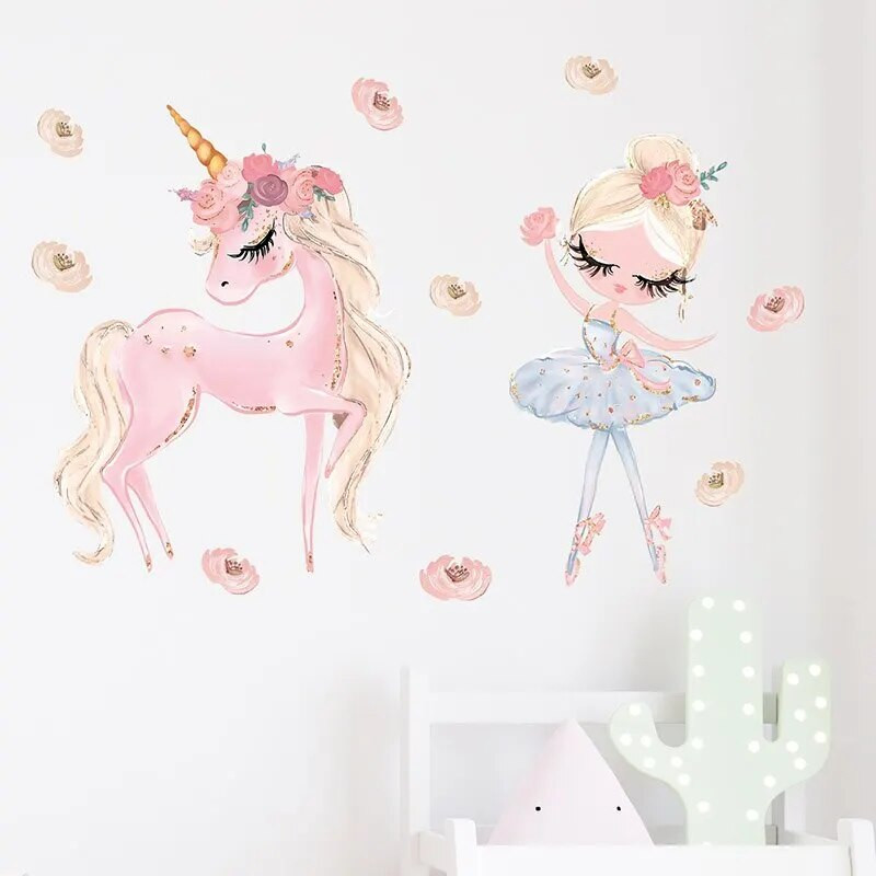 Autocolante de perete pentru fete de balet cu unicorn roz de desene animate pentru decorarea casei de la grădiniță, detașabilă, impermeabilă, din PVC