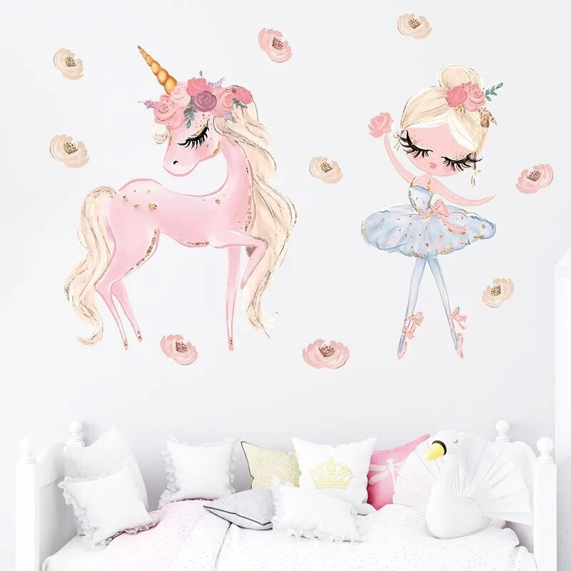Autocolante de perete pentru fete de balet cu unicorn roz de desene animate pentru decorarea casei de la grădiniță, detașabilă, impermeabilă, din PVC