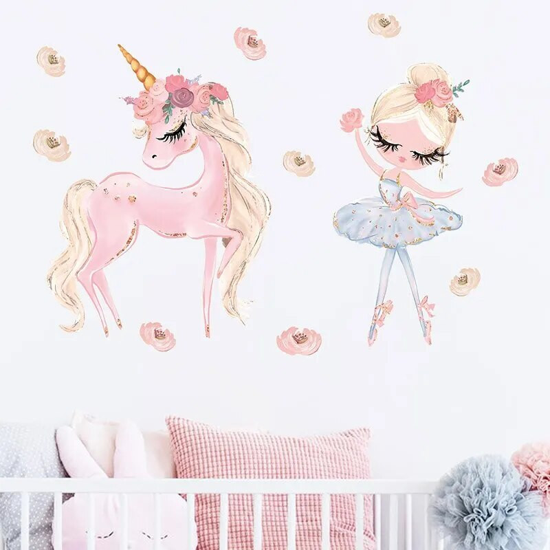 Autocolante de perete pentru fete de balet cu unicorn roz de desene animate pentru decorarea casei de la grădiniță, detașabilă, impermeabilă, din PVC
