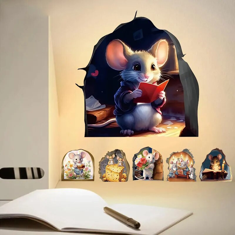T293# Наклейка Интерьерная Funny Mouse Hole Sienas Uzlīmes Ūdensizturīgs Karikatūra Mājas Apdares Dzīvojamās istabas uzlīmes
