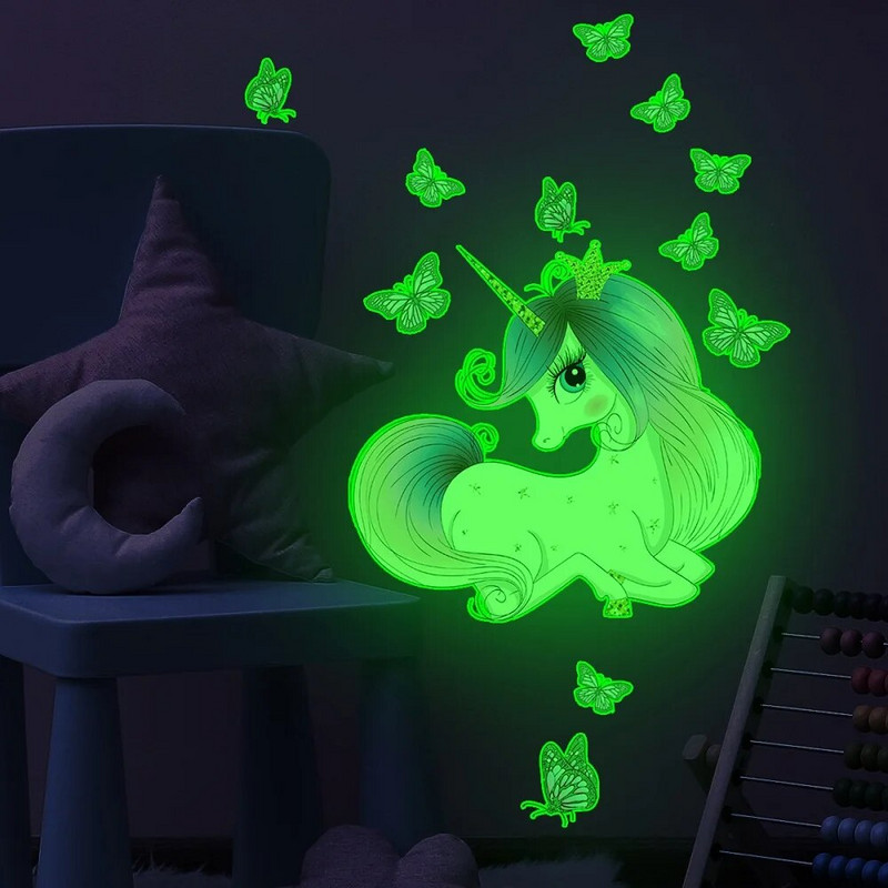 Karikatūra Vienradzis Gaismas sienas uzlīme bērnu istabai Guļamistabai Dzīvojamās istabas sienas dekors Tapetes Mirdz tumsā Tauriņu uzlīmes