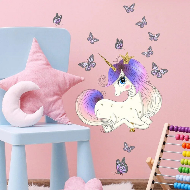 Karikatūra Vienradzis Gaismas sienas uzlīme bērnu istabai Guļamistabai Dzīvojamās istabas sienas dekors Tapetes Mirdz tumsā Tauriņu uzlīmes