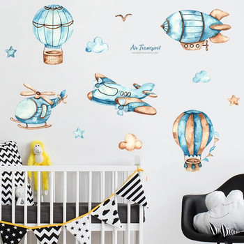Καρτούν αυτοκόλλητα τοίχου με αερόστατο θερμού αέρα για αγόρια Παιδικό δωμάτιο βρεφικού δωματίου Διακόσμηση νηπιαγωγείου Τέχνη αεροπλάνο αεροπλάνο Αφαιρούμενες χαλκομανίες PVC DIY Τοιχογραφία