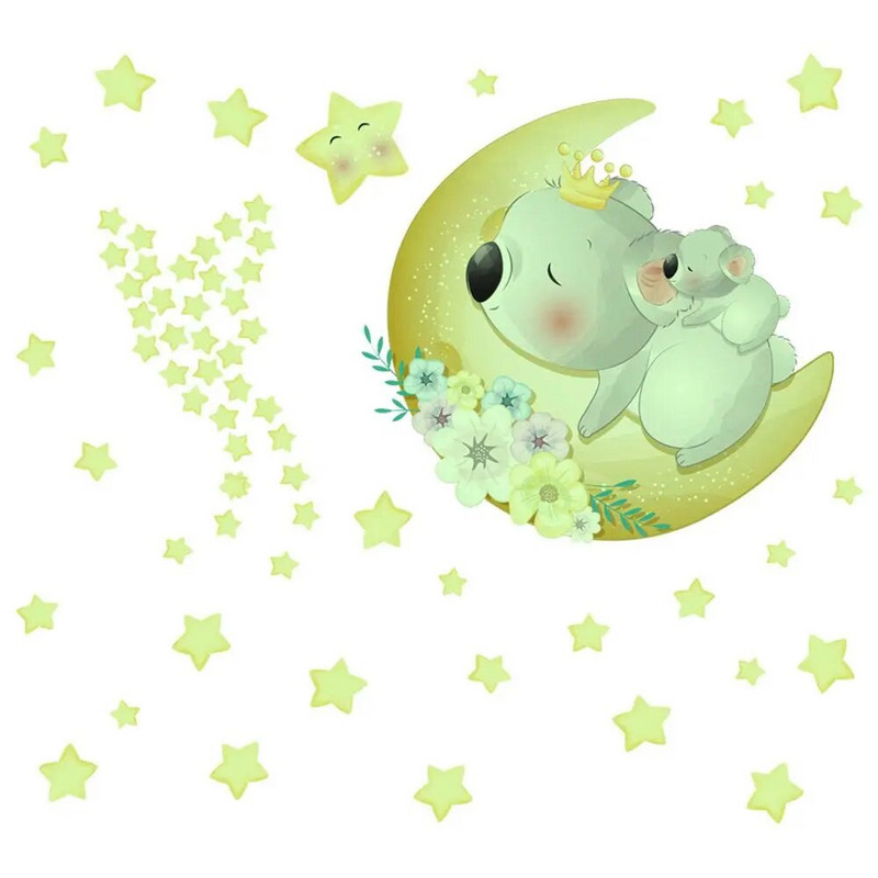 Autocolante de perete cu stele luminoase pentru copii, camera bebelușului, dormitor, tavan, decor interioară, autocolante fluorescente cu urs de desene animate care strălucesc în întuneric