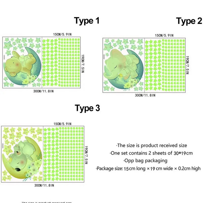 Autocolante de perete cu stele luminoase pentru copii, camera bebelușului, dormitor, tavan, decor interioară, autocolante fluorescente cu urs de desene animate care strălucesc în întuneric
