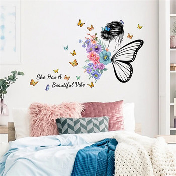 M40 Butterfly Girl Flowers Αυτοκόλλητο τοίχου Κορίτσι Δωμάτιο Φόντο Διακόσμηση σπιτιού Τοιχογραφία Ταπετσαρία σαλονιού Αστεία Decal