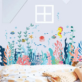 Koraļļu zemūdens dzīvnieku multfilmu sienas uzlīme bērnu istabai guļamistabai mājas apdarei fona tapetes pašlīmējošās uzlīmes