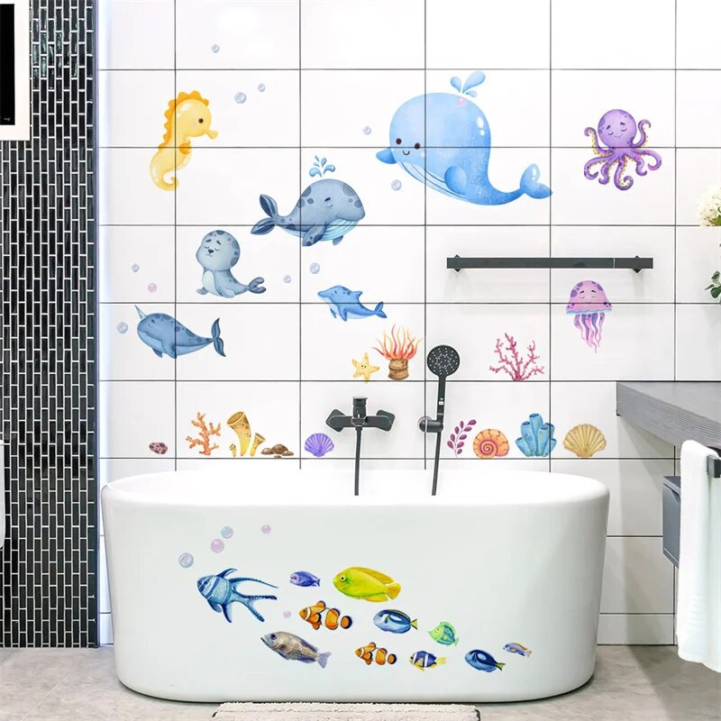 Koraļļu zemūdens dzīvnieku multfilmu sienas uzlīme bērnu istabai guļamistabai mājas apdarei fona tapetes pašlīmējošās uzlīmes