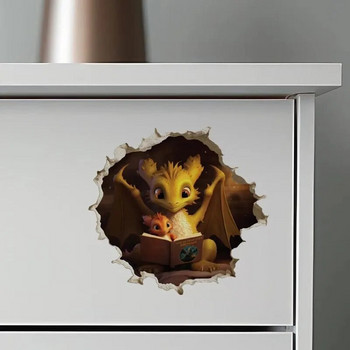 M454 Dragon Parent and Child Reading in Wall Hole Decal - Mouse Hole τρισδιάστατο αυτοκόλλητο τοίχου