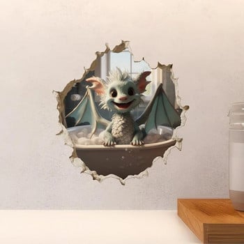 M454 Dragon Parent and Child Reading in Wall Hole Decal - Mouse Hole τρισδιάστατο αυτοκόλλητο τοίχου