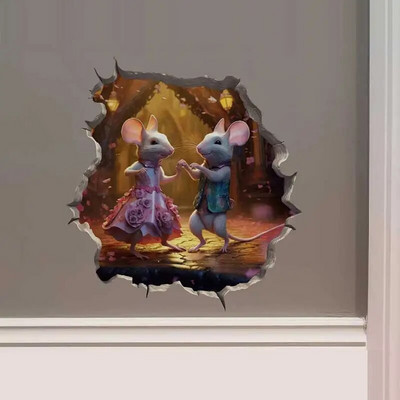 M456 Nakts pilsētā Dejojošs peles pāris ar peles cauruma uzlīmi — 3D sienas uzlīme ar peles caurumu