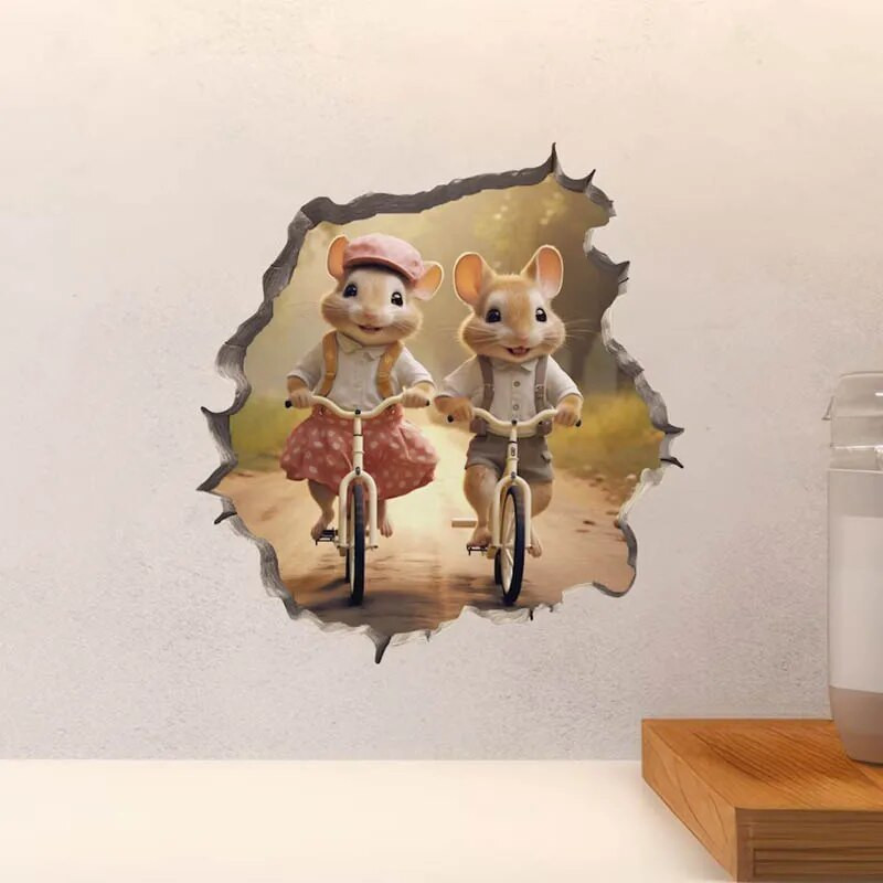 M456 Nakts pilsētā Dejojošs peles pāris ar peles cauruma uzlīmi — 3D sienas uzlīme ar peles caurumu