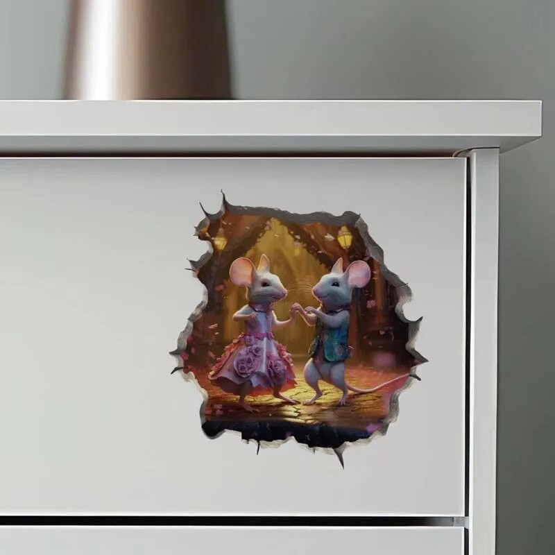 M456 Nakts pilsētā Dejojošs peles pāris ar peles cauruma uzlīmi — 3D sienas uzlīme ar peles caurumu