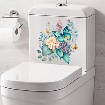 Αυτοκόλλητα τουαλέτας Ακουαρέλα Floral Peony Butterfly Αυτοκόλλητα τοίχου Ανθεκτικό αδιάβροχο ντεκόρ μπάνιου με αυτοκόλλητη πεταλούδα