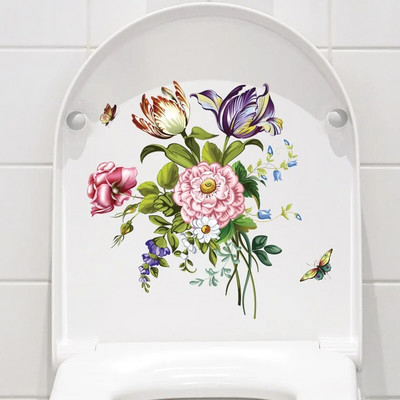 Flower Butterfly tualetes vāka uzlīmes Radoša tualetes dekorēšana Ūdensnecaurlaidīga, pašlīmējoša svaigu ziedu vannas istabas tualetes uzlīme