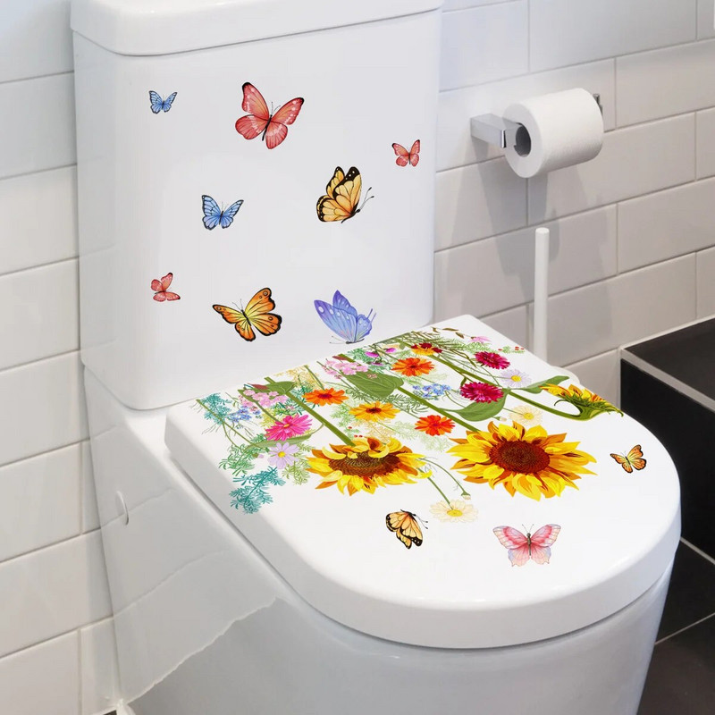 Butterfly saulėgrąžų vonios sienos lipdukas Namų dekoras Tualeto dangčio dekoravimas Sienų lipdukai vandeniui atsparūs tualeto lipdukai