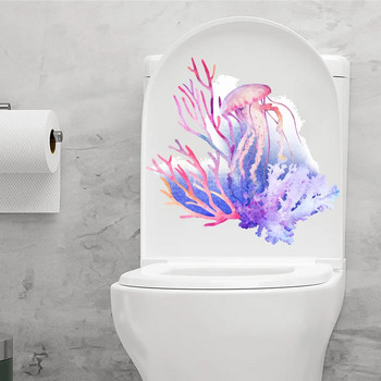 Ocean Series Стикери за тоалетна акварел ръчно рисувана медуза кит стикер за стена декорация на баня тоалетна стикери самозалепващ стенопис