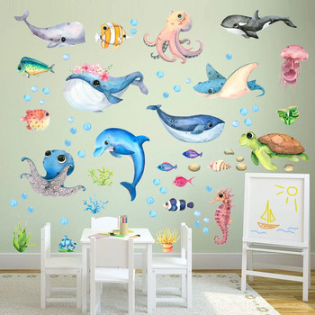 Αυτοκόλλητα τοίχου Cartoon Marine Life για παιδικό δωμάτιο Μπάνιο Πλακάκι τοίχου Χαλκομανίες Octopus Sea Turtle Fish Αφίσες τοίχου Διακόσμηση σπιτιού