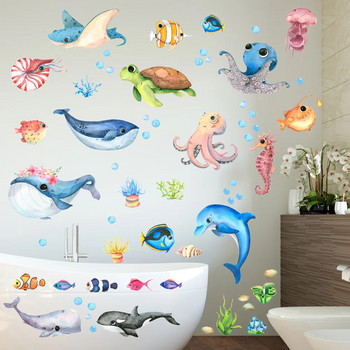 Αυτοκόλλητα τοίχου Cartoon Marine Life για παιδικό δωμάτιο Μπάνιο Πλακάκι τοίχου Χαλκομανίες Octopus Sea Turtle Fish Αφίσες τοίχου Διακόσμηση σπιτιού