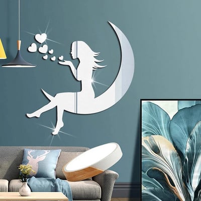 3D Love Heart Girls Moon Mirror Стикери за стена Творчески акрилни водоустойчиви самозалепващи се стикери за стена Стенопис Направи си сам декорация на дома