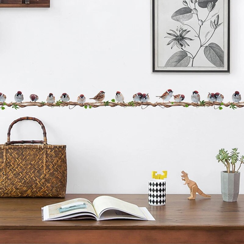 Multikas rotangist linnuseinakleebis Eemaldatav lasteaia seinakleebised Viinapuul seisev rida linde Elutoa seinakleebis Kaunistus