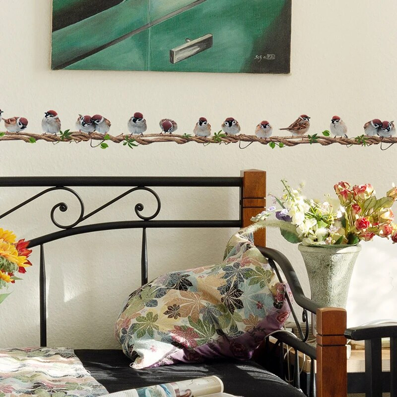 Multikas rotangist linnuseinakleebis Eemaldatav lasteaia seinakleebised Viinapuul seisev rida linde Elutoa seinakleebis Kaunistus