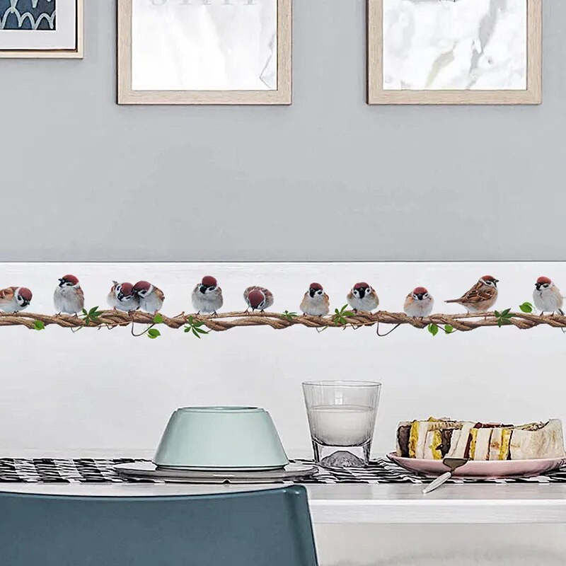 Multikas rotangist linnuseinakleebis Eemaldatav lasteaia seinakleebised Viinapuul seisev rida linde Elutoa seinakleebis Kaunistus