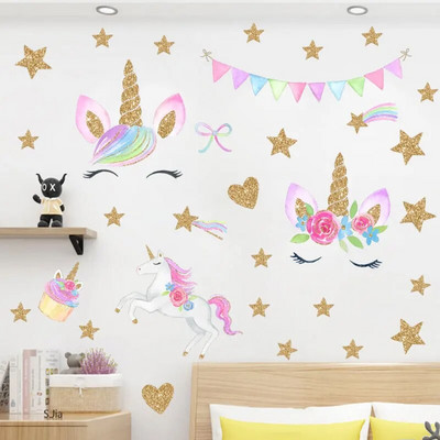 Karikatūra vienradzis zirgs zvaigzne sirds formas raksta sienas uzlīmes bērnu istabai mājas dekorēšana Dzīvnieku sienas gleznojuma māksla PVC uzlīme