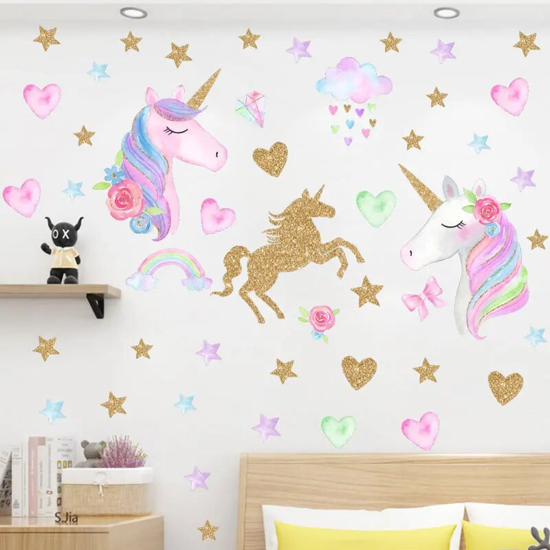 Karikatūra vienradzis zirgs zvaigzne sirds formas raksta sienas uzlīmes bērnu istabai mājas dekorēšana Dzīvnieku sienas gleznojuma māksla PVC uzlīme