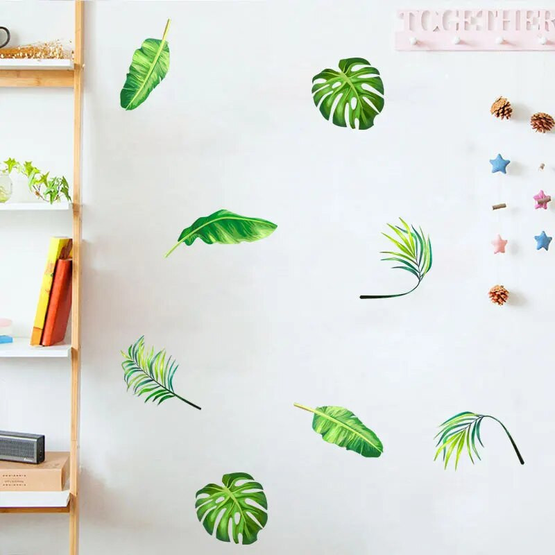 BalleenShiny PVC 6db zöld trópusi levelek barkács fali matrica pásztor stílusú nappali dekor tapéta gyerekek óvodai falfestmény matrica