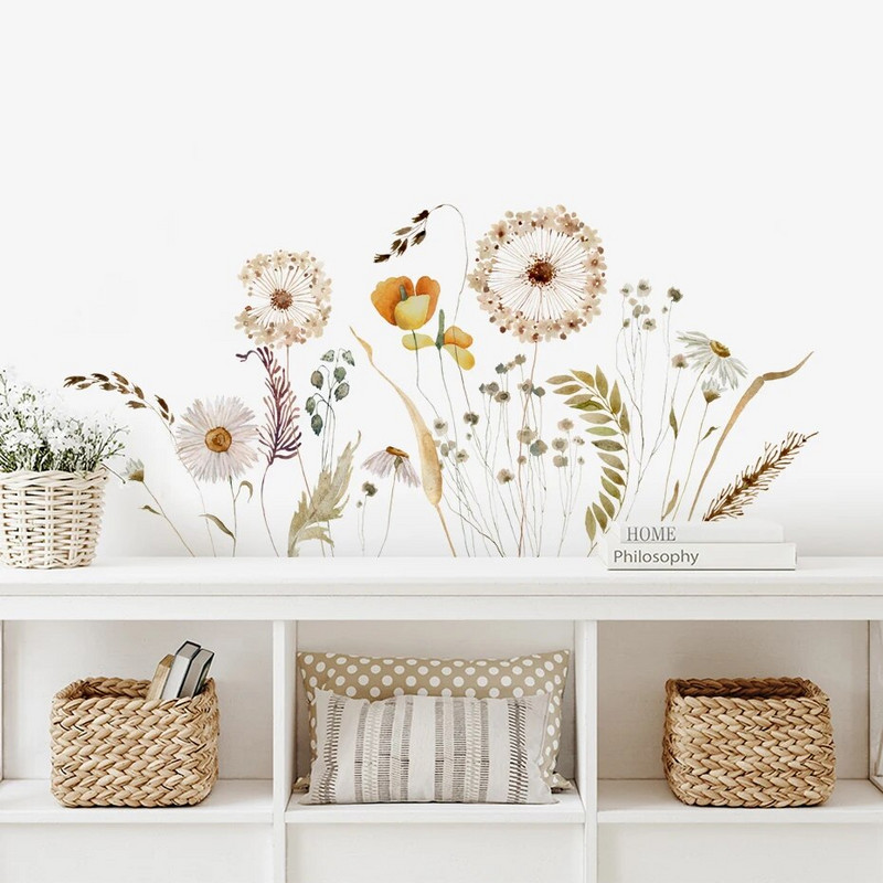 „Boho“ akvarelė, džiovinta pampų žolė, gėlių augalai, sienų lipdukai Vinilo „pasidaryk pats“ lipdukai Sienų lipdukai Vaikų kambario Svetainės namų dekoras