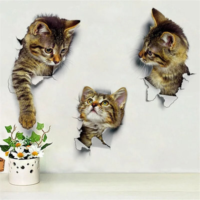3Pcs 3D Wall Stickers Stereo Background Painting Cartoon Cat Living Room Decoration Indoor Home Furnishing Accessories PVC