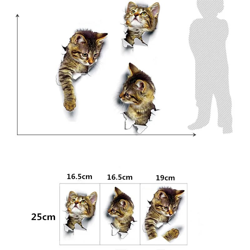 3 vnt. 3D sienų lipdukai Stereofono tapyba Animacinių filmų kačių gyvenamojo kambario apdaila Vidaus namų apstatymo priedai PVC