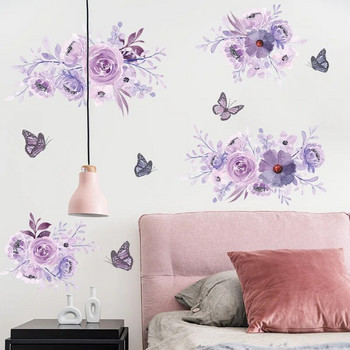 40x60CM Стикери за стена с лилаво цвете Арт Пеперуди Стикери за стена за момичета Спалня Декорация на всекидневна Самозалепващи се тапети