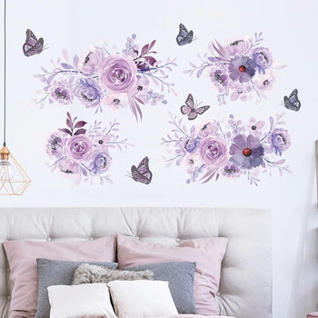 40x60CM Стикери за стена с лилаво цвете Арт Пеперуди Стикери за стена за момичета Спалня Декорация на всекидневна Самозалепващи се тапети