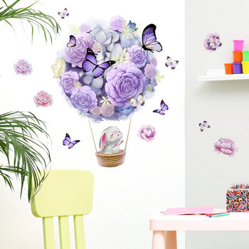 Заек върху балон с горещ въздух, лилаво цвете, пеперуда, стикери за стена за бебета, момичета, стая, стикери за стени на детска стая, декор на дъщерна стая