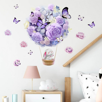 Заек върху балон с горещ въздух, лилаво цвете, пеперуда, стикери за стена за бебета, момичета, стая, стикери за стени на детска стая, декор на дъщерна стая