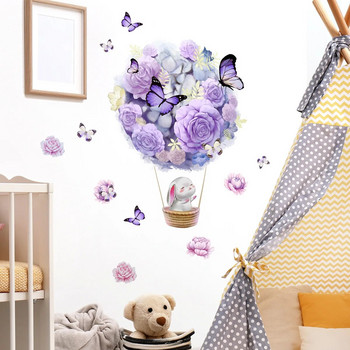 Rabbit on Hot Air Balloon Μωβ λουλούδια πεταλούδα αυτοκόλλητα τοίχου για κοριτσίστικο δωμάτιο παιδικό δωμάτιο Αυτοκόλλητα τοίχου Διακόσμηση δωματίου κόρης