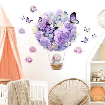 Rabbit on Hot Air Balloon Μωβ λουλούδια πεταλούδα αυτοκόλλητα τοίχου για κοριτσίστικο δωμάτιο παιδικό δωμάτιο Αυτοκόλλητα τοίχου Διακόσμηση δωματίου κόρης