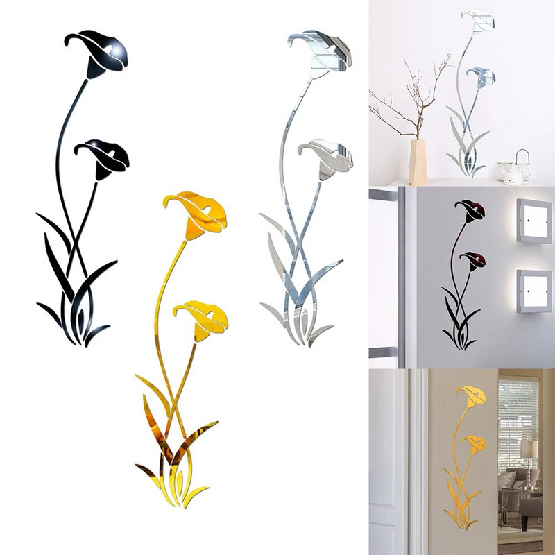 Vinyl Art Tükör fali matrica 3D Akril Könnyű Tükör Virág Művészeti Szobadekor Sliver/Arany/Fekete tükör 3db