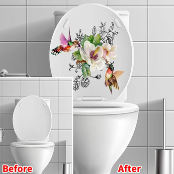 Самозалепваща се плочка с шестоъгълна пръчка и обелване Стикер за тоалетна с цветя и птици Сладък сменяем стикер за тоалетна Статични стикери за баня