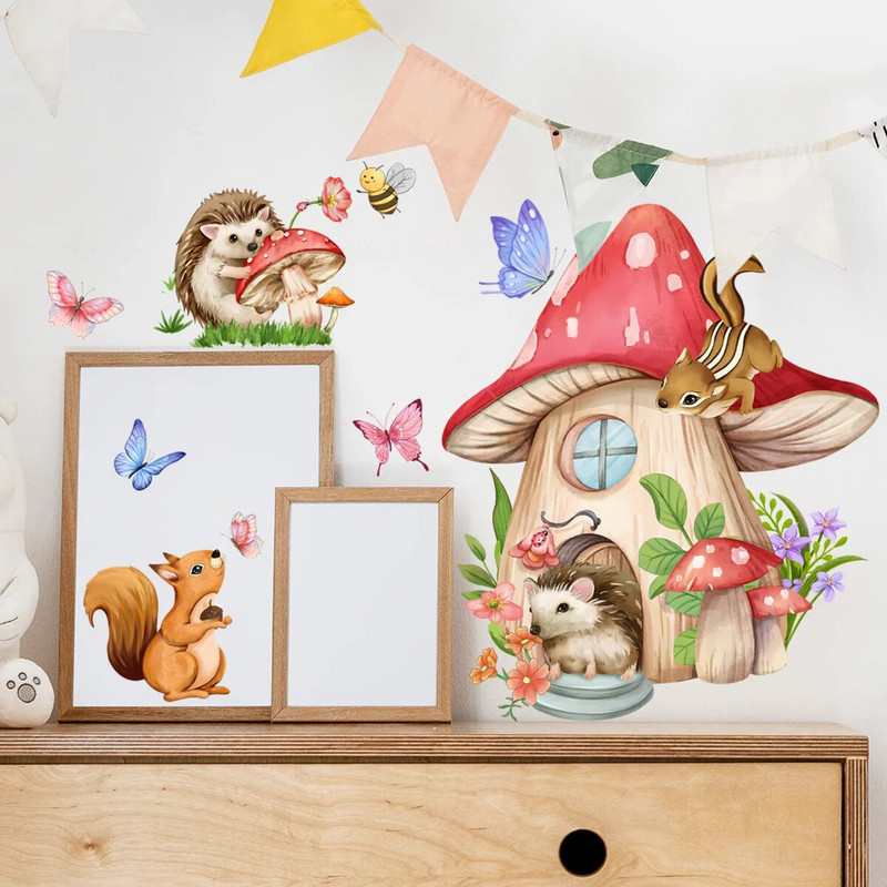 T52# Животни, гъби, пеперуди, стикер за стена, фон за детска стая, декорация на дома, стенопис, тапети за всекидневна, забавна стикера