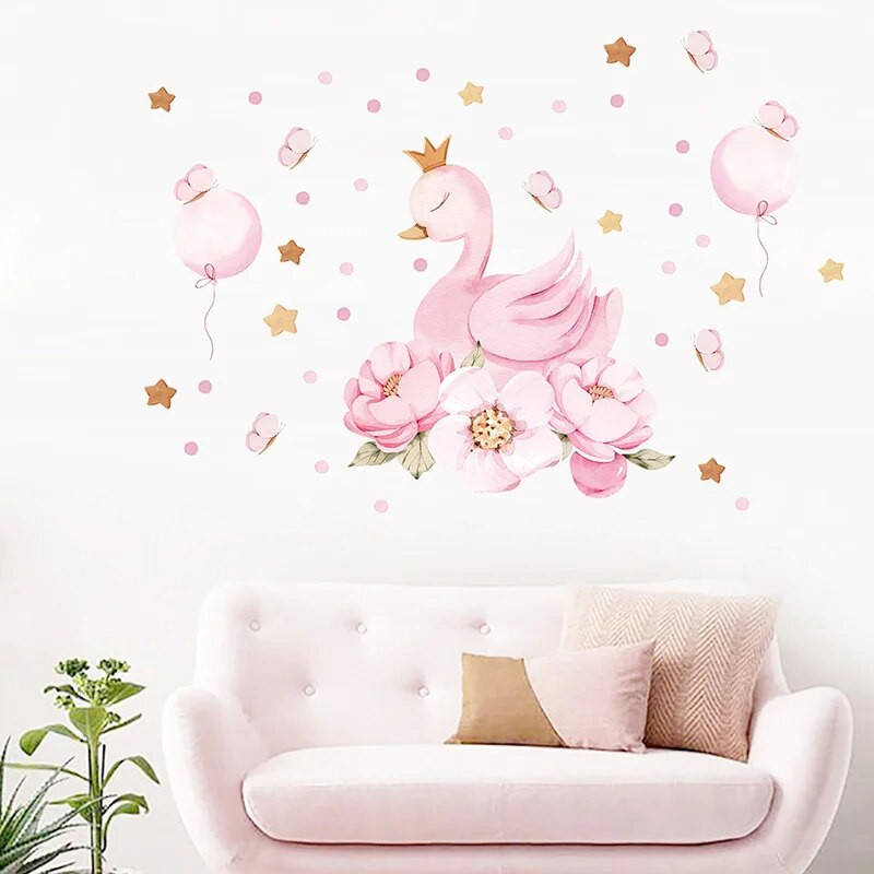 Animacinių filmų rožinė gulbė karūna balionų sienų lipdukai vaikų kambariams mergaičių kūdikių kambario miegamojo apdaila Mieli darželio sienų dekoro lipdukai