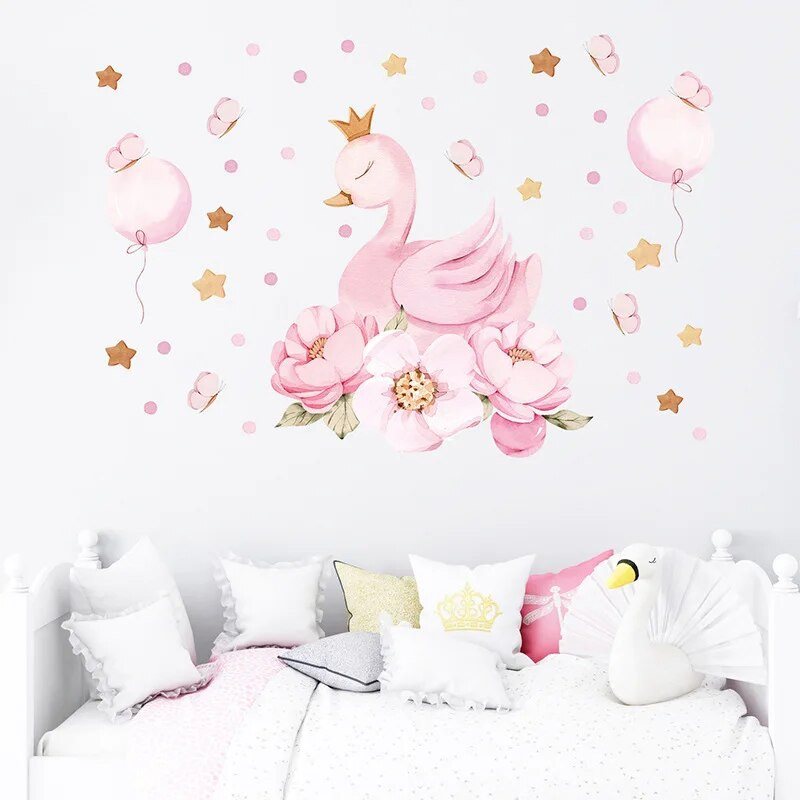 Animacinių filmų rožinė gulbė karūna balionų sienų lipdukai vaikų kambariams mergaičių kūdikių kambario miegamojo apdaila Mieli darželio sienų dekoro lipdukai
