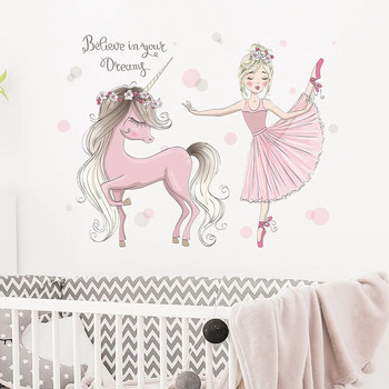 Pink Unicorn Star Cloud Стикери за стена за детски стаи Момичета Бебешка стая Декорация на спалнята Фея Карикатура Животни Тапети за детска стая