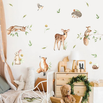 Boho multfilma Jauki brieži trusis meža dzīvnieki lapas akvareļi bērnudārza sienu uzlīmes bērnu istabas meitenes guļamistabas uzlīmes mājas dekors