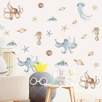 Ръчно рисувани акварелни карикатури Подводен свят Октопод Рак Морско конче Стикери за стена за детска стая Декорация на всекидневна