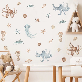 Ръчно рисувани акварелни карикатури Подводен свят Октопод Рак Морско конче Стикери за стена за детска стая Декорация на всекидневна