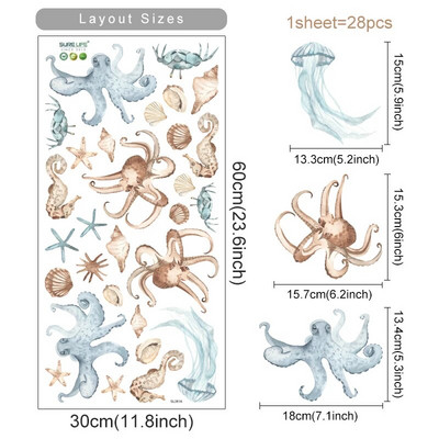 Rankomis piešti akvareliniai animaciniai filmai povandeninis pasaulis aštuonkojai krabai jūrų arkliukai sienų lipdukai vaikų darželio svetainės dekoravimui